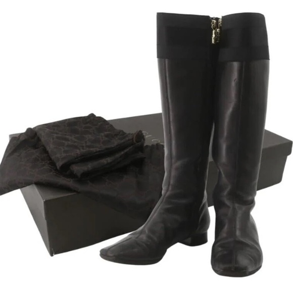 GUCCI black web trim leather gold bamboo charm zip riding boots EU36 - Picture 1 of 5